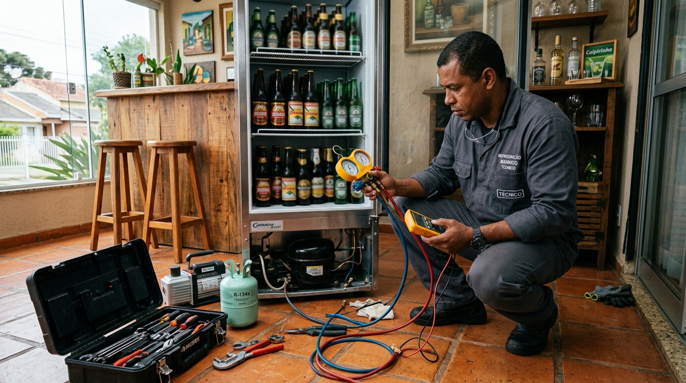 Profissional executando reparo no motor de cervejeira em Cotia‑SP