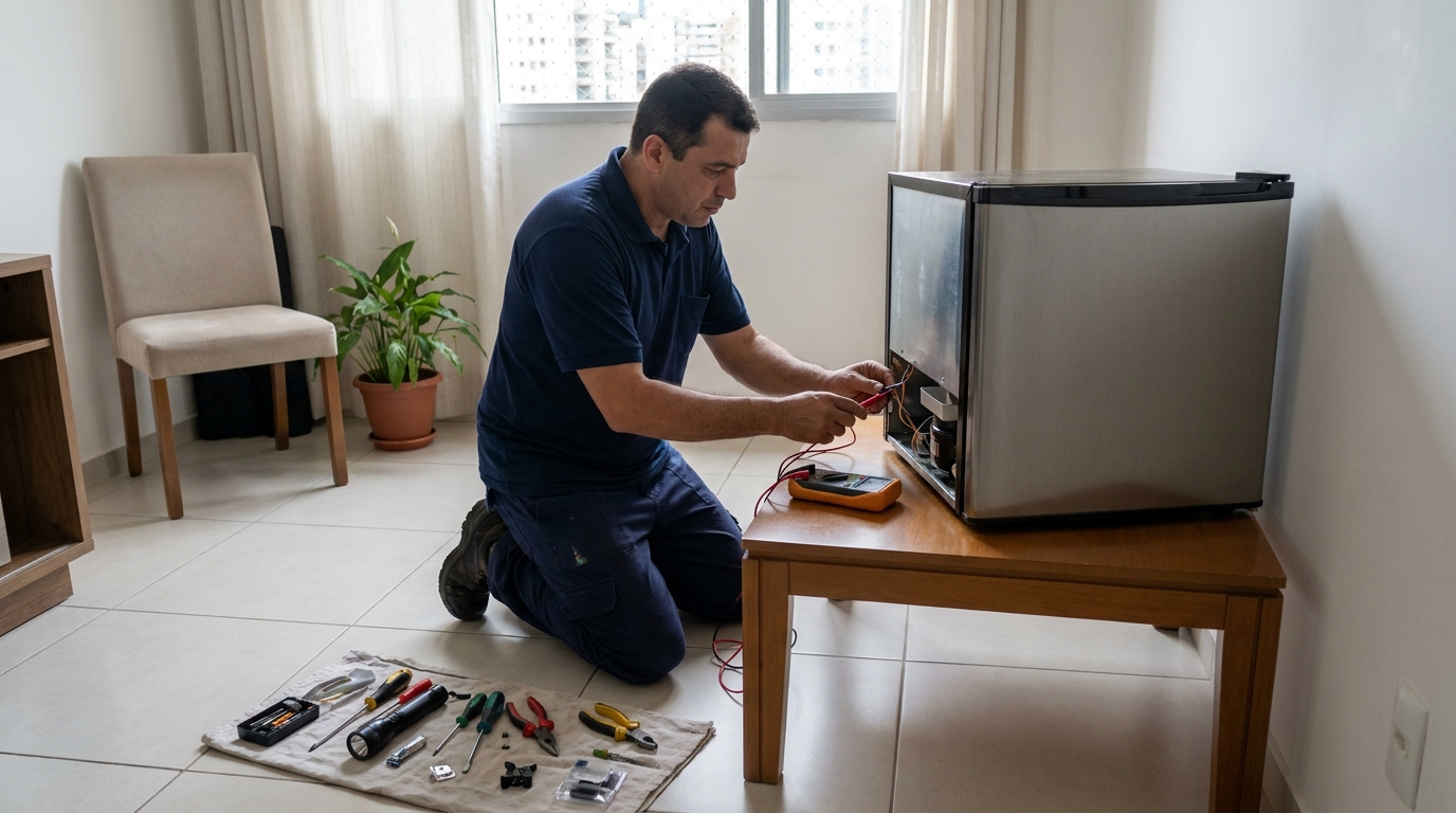 Técnico fazendo manutenção do motor de frigobar em Cotia‑SP