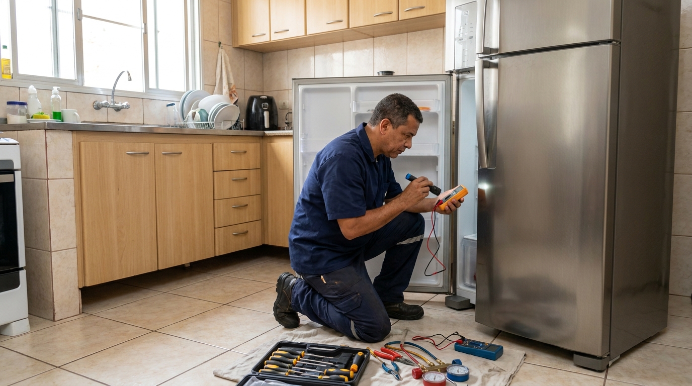 Técnico aplicando recarga de gás refrigerante em geladeira em Cotia‑SP