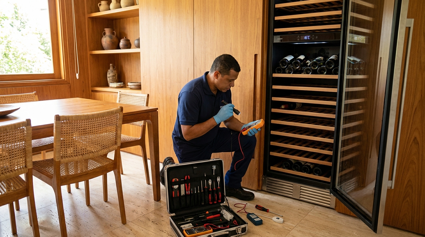 Substituição de termostato em adega climatizada em visita técnica em Cotia‑SP
